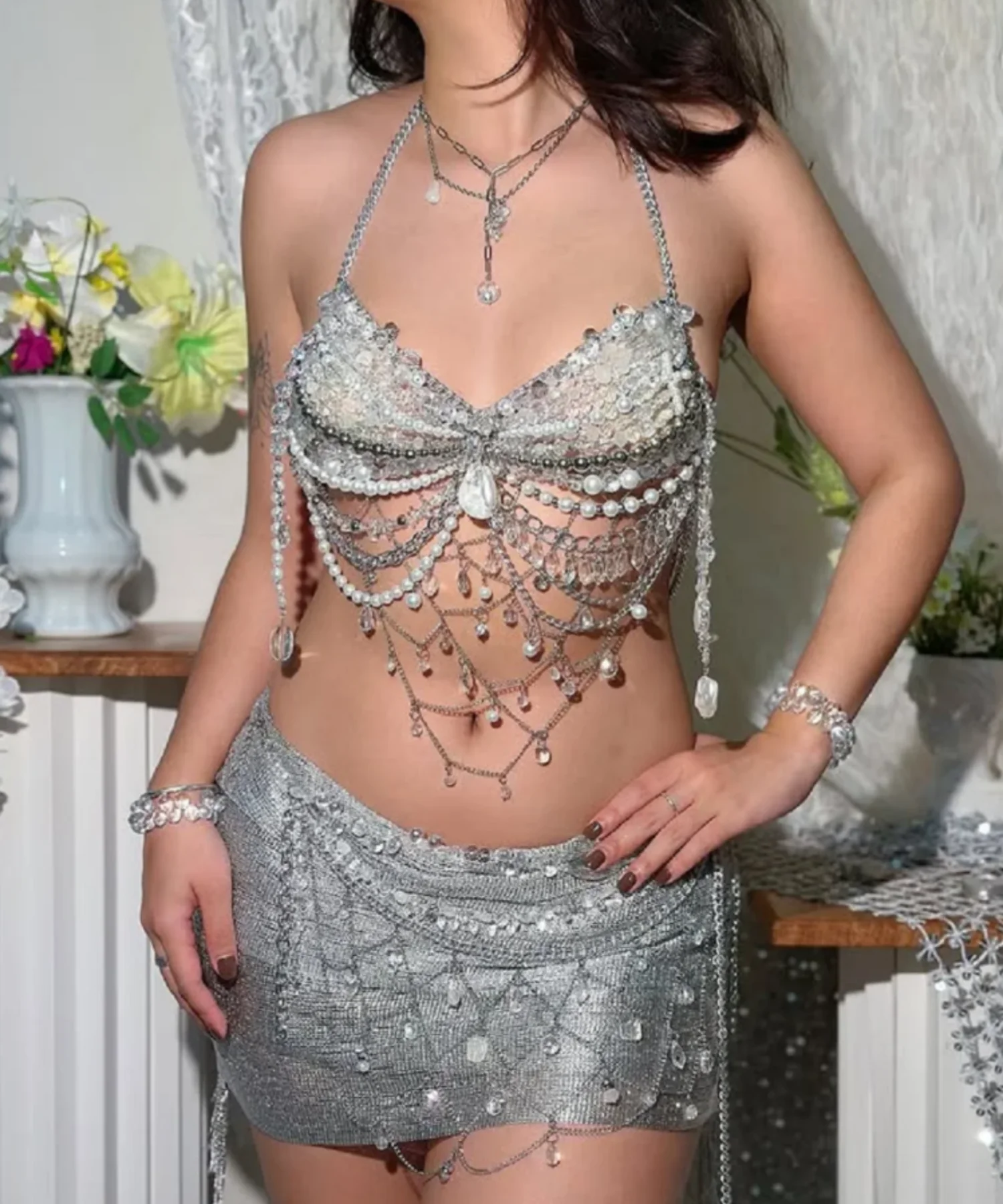 

Sexy Women Tops Handmade Chain Transparent Beaded Tops Bikini Bra Romantic Tank Tops Beachwear Lingerie Beaded Rave Bralette
