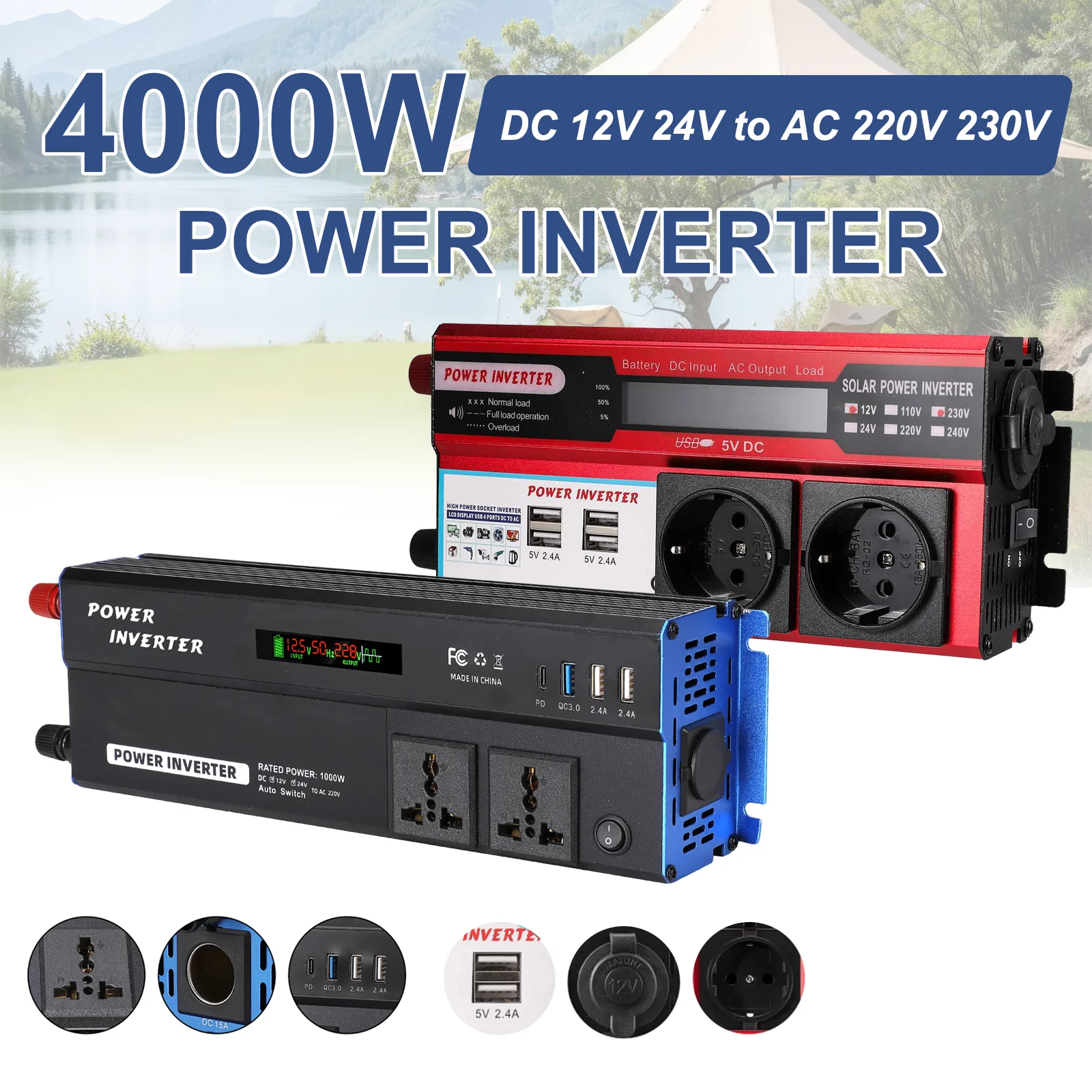 4000-W-Wechselrichter DC 12V zu AC 220V/230V Transformator mit 4 USB-Anschlüssen & EU-Steckdosen zum Laden / 3 USB-Anschlüsse + 1 Typ-C-Anschluss & Universalsteckdose zum Laden Eingebautes LED-Display