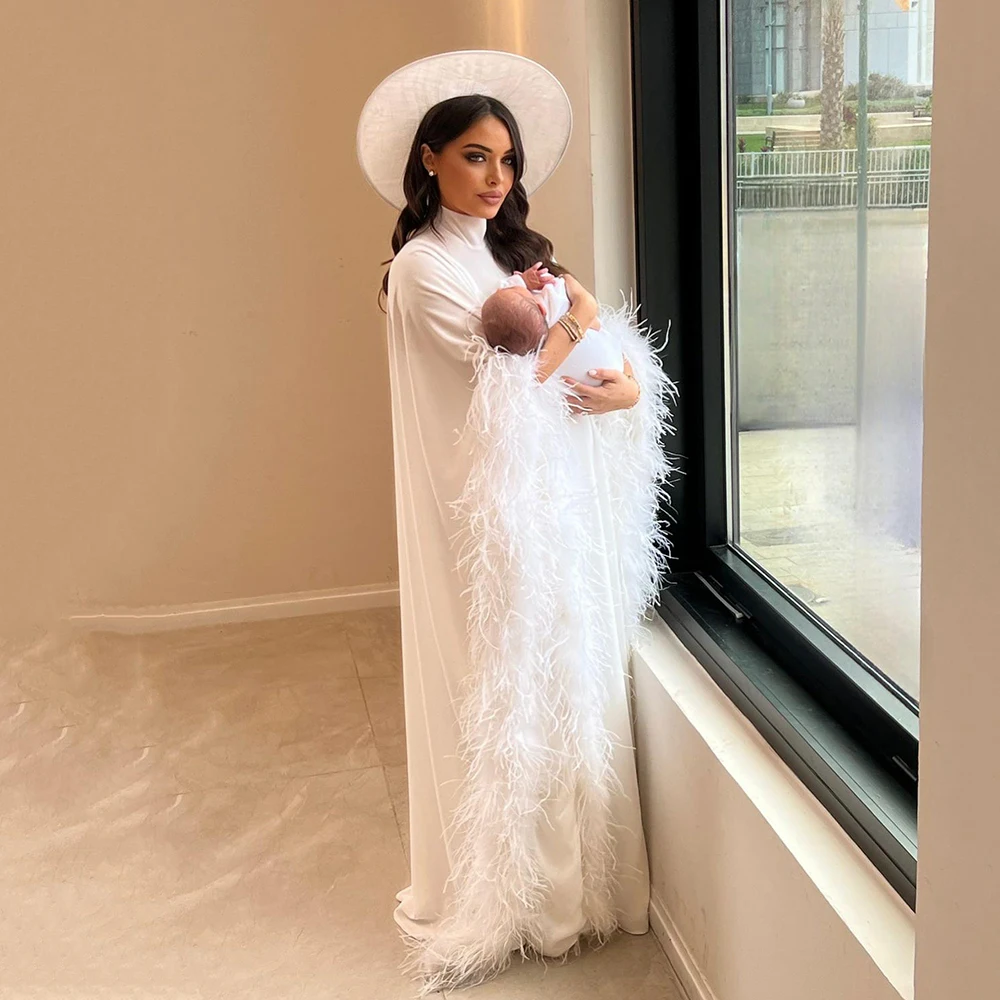 

Chiffon Feathers Prom Dress For Special Occasios High neck Mother Of The Brides Dress Pregant Customized Formal Dress Party Gown