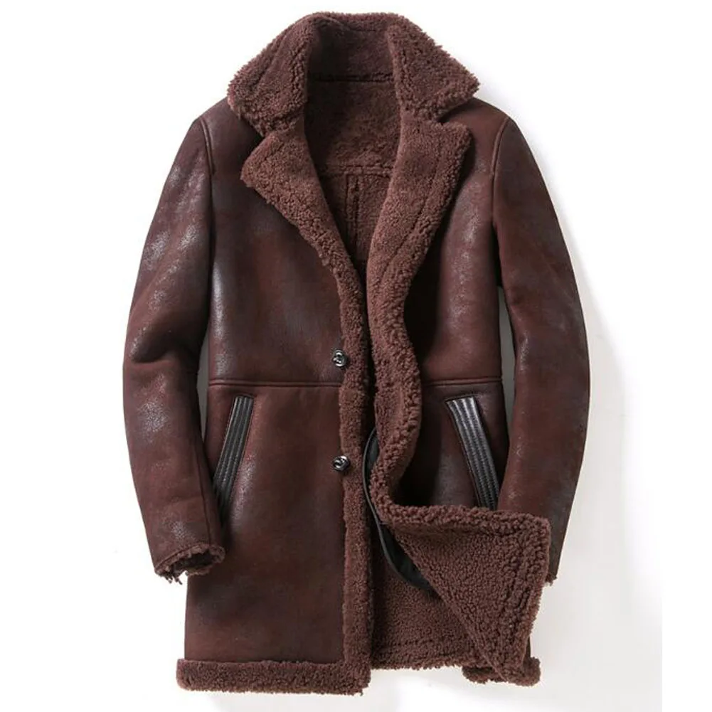 

Denny&Dora Men Mid-Length Sheepskin Coat Brown Leather Coat Genuine Leather Shearling Sheepskin Jacket For Men