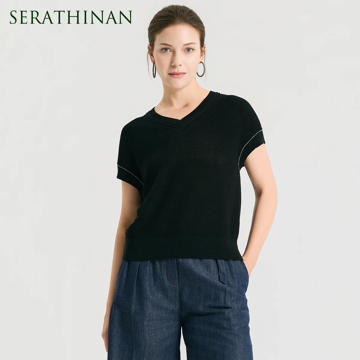 BL3611511 Luxury Linen Silk Blend Knit Pullover Women's High End V Neck Short Sleeve Quiet Luxury Slim Fit Sweaters Tee