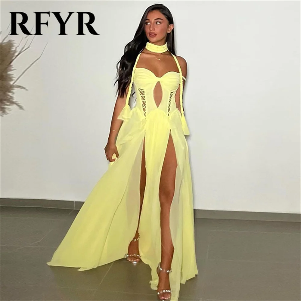 

RFYR Elegant Dubai Yellow Evening Dress With Scarf A Line Arabic Israel Prom Dress Backless Formal Women Party Gown Customized