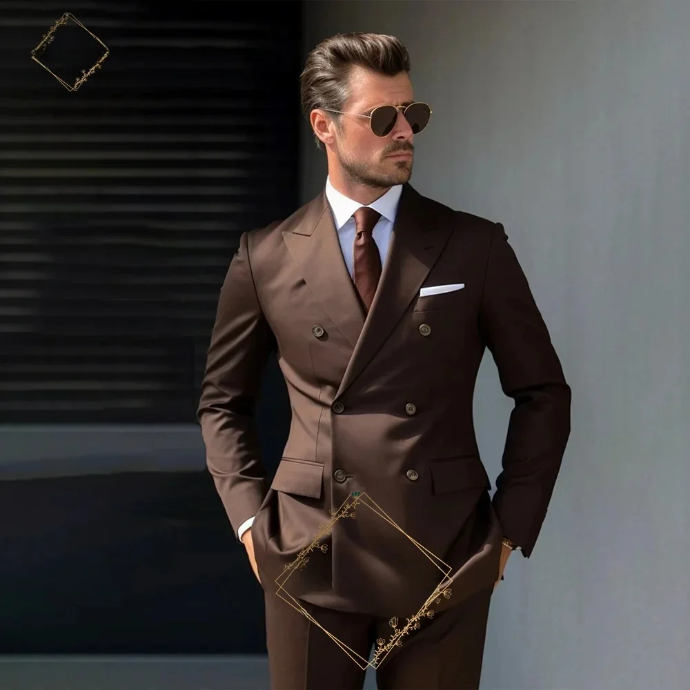 Eleganter schokoladenbrauner zweireihiger Herrenanzug für Herren, stilvoller formeller Kleidung, maßgeschneiderter Smoking für Hochzeit, Dinnerparty, 2 Stück