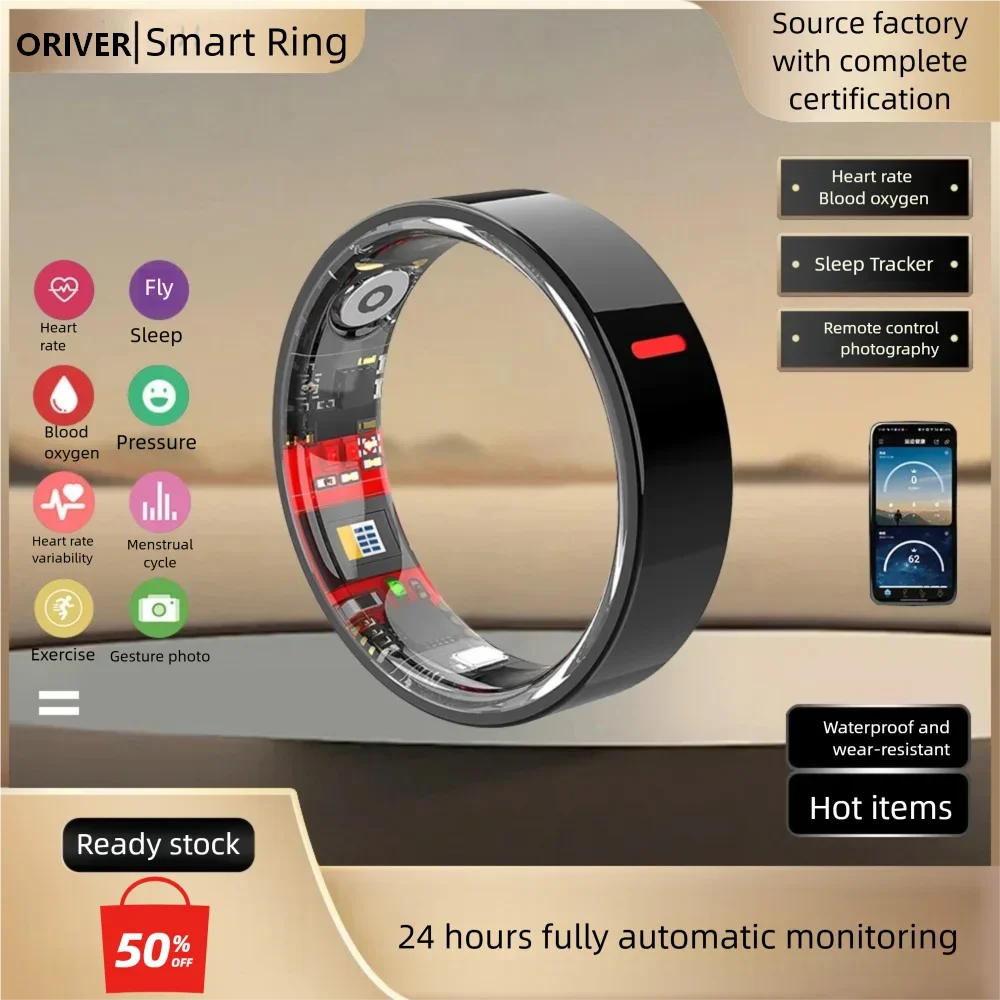 

Smart Ring with Blood Pressure Monitor. Stainless Steel Ring with Charging Case Sleep Tracker Heart Rate Monitor 5ATM Waterproof