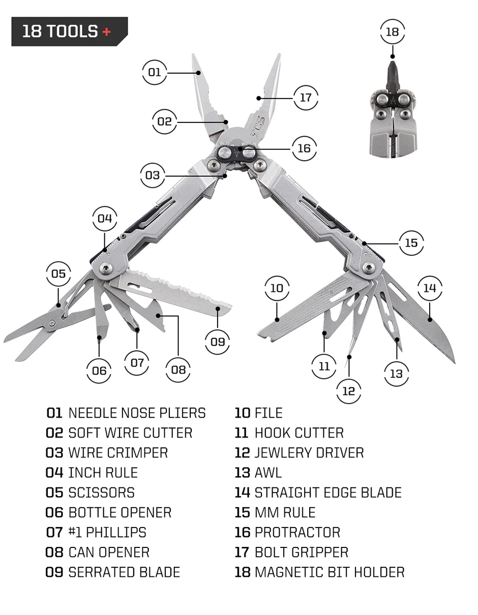 SOG 18-in-1 Taschen-Multitool für Fahrräder, EDC Tragbares Multifunktionswerkzeug mit Faltbarer Zange und Schraubendreher, Notfall-Reparaturwerkzeuge für Fahrräder – Detail 5