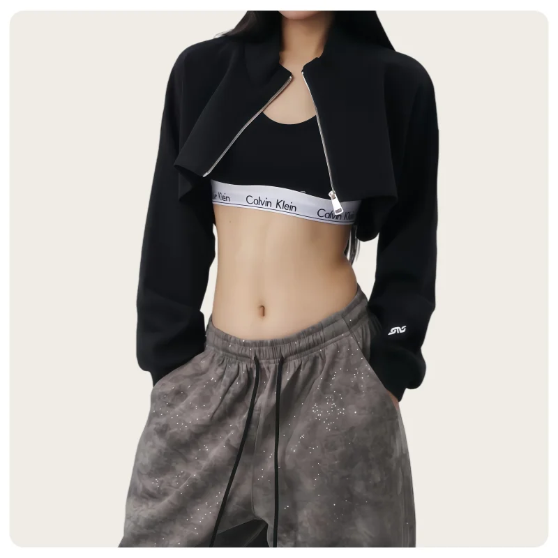 Koreanischer Streetdance-Stil Damen Grau-Schwarzes Locker Sitzendes Kurzes Crop-Top Reißverschluss-Sweatshirt – Detail 6