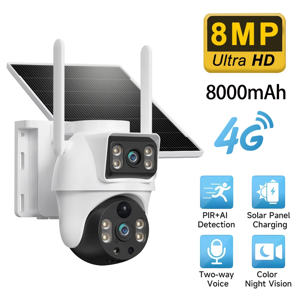 xiaovv Outdoor 4G Solar Gunball Camera 8MP Dual Lenses Color Night Vision Low Power AI Tracking IP65 Waterproof
