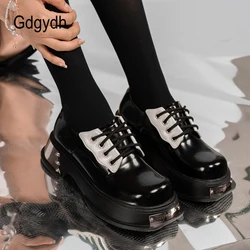 Gdgydh Womens Oxford Platform Shoes Chunky Heels Metal Lace Up British Style Goth Shoes Rubber Sole Lady Derby Shoes Black