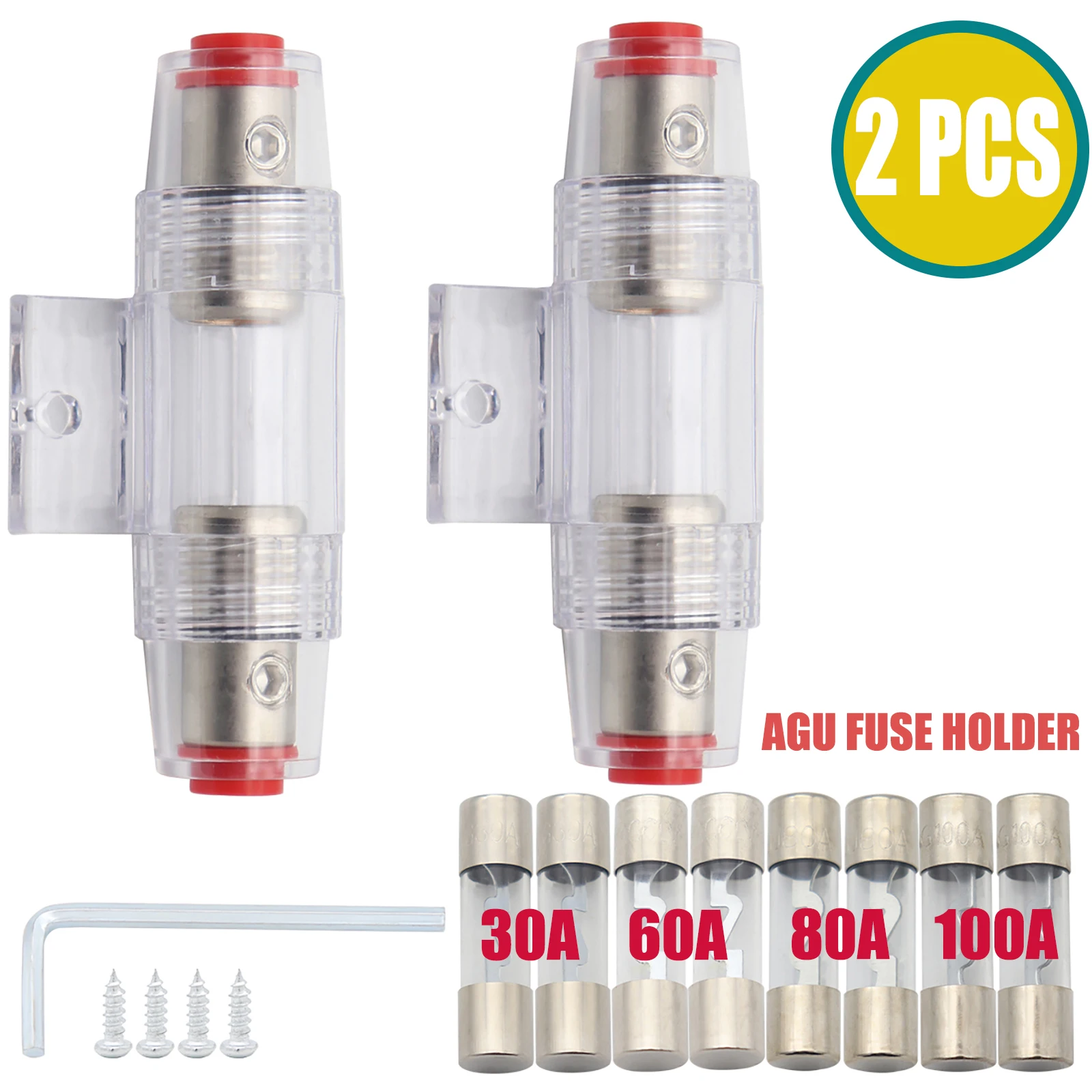 

2PCS 12V/24V Car Audio Refit AGU Fuse Holder 4/8 Gauge w/ 30A 60A 80A 100A Fuse Set Car Stereo Audio Circuit Breaker Inline Fuse