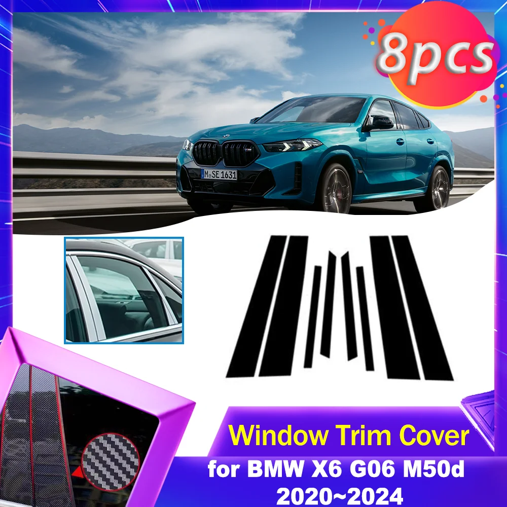

Car Door Window Trim Cover for BMW X6 G06 M50d 2020~2024 2021 Carbon Fiber Chrome Black Sticker Pillar Posts Decal Accessories