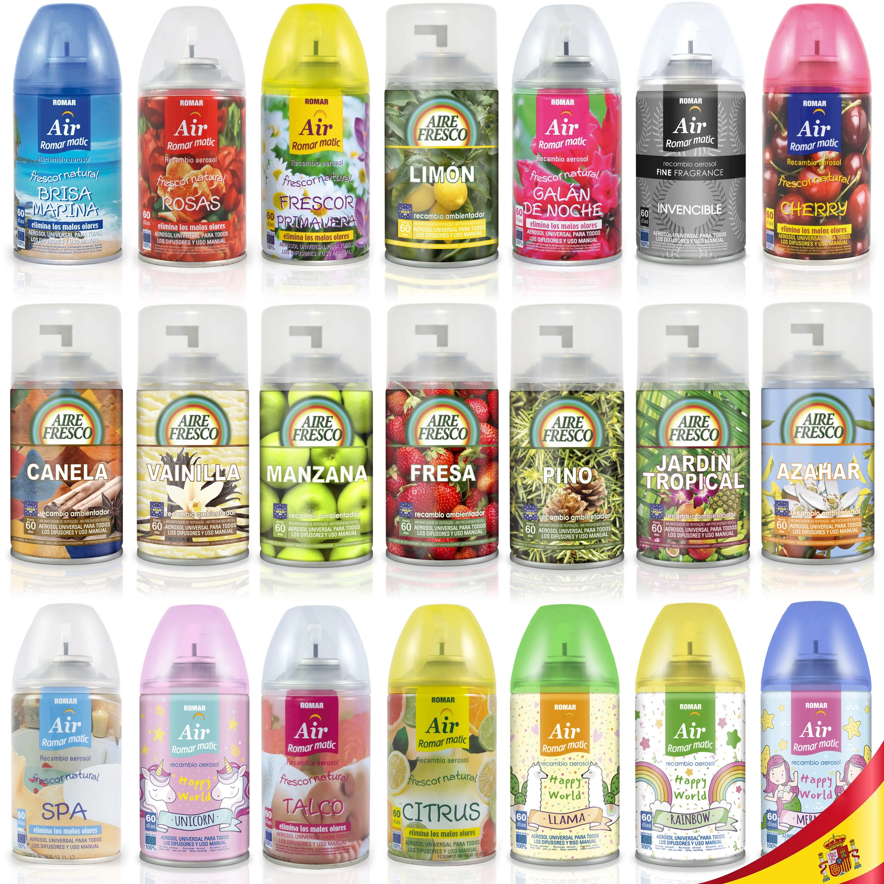 Recambio Ambientador Universal Aerosol 60 Días Difusor Dosificador en Spray Pulverizador Limon Invensible Canela Vainilla Manzana Fresa Pino Azahar Llama Rainbow Memaid Unicorn Jardin Tropical Talco