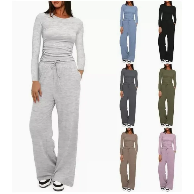 

Women's Solid Casual Long-Sleeved Tracksuit High-waisted Wide-leg Pants Lounge Pajamas Sets Elegant Women Outfit Sportswear