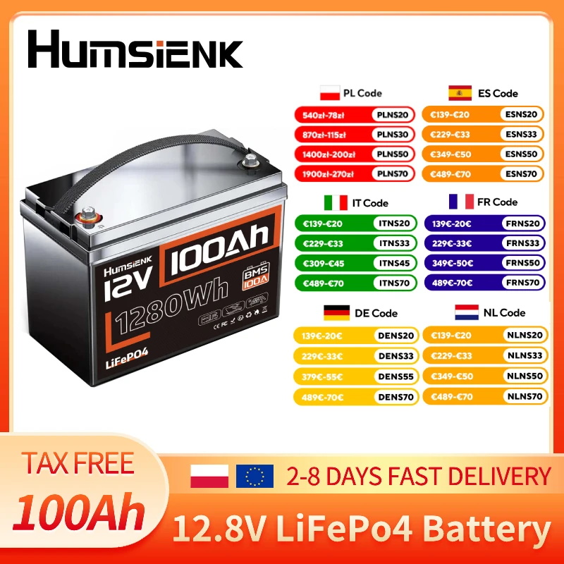 Humsienk 12V 100Ah LiFePo4 Batterie 15000+ Deep-Cycle-Zyklen Eingebauter 100A BMS-Schutz Grade A+ Zellen EU-Lagerbestand Steuerfrei für Wohnmobile Solar Marine