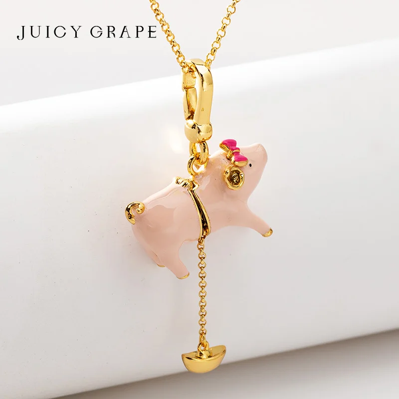 JUICY GRAPE Enamel Pink Pig Pendant Necklace 18K Gold Plated Chain Versatile Keychain & Charm Fashion Jewelry Christmas Gifts