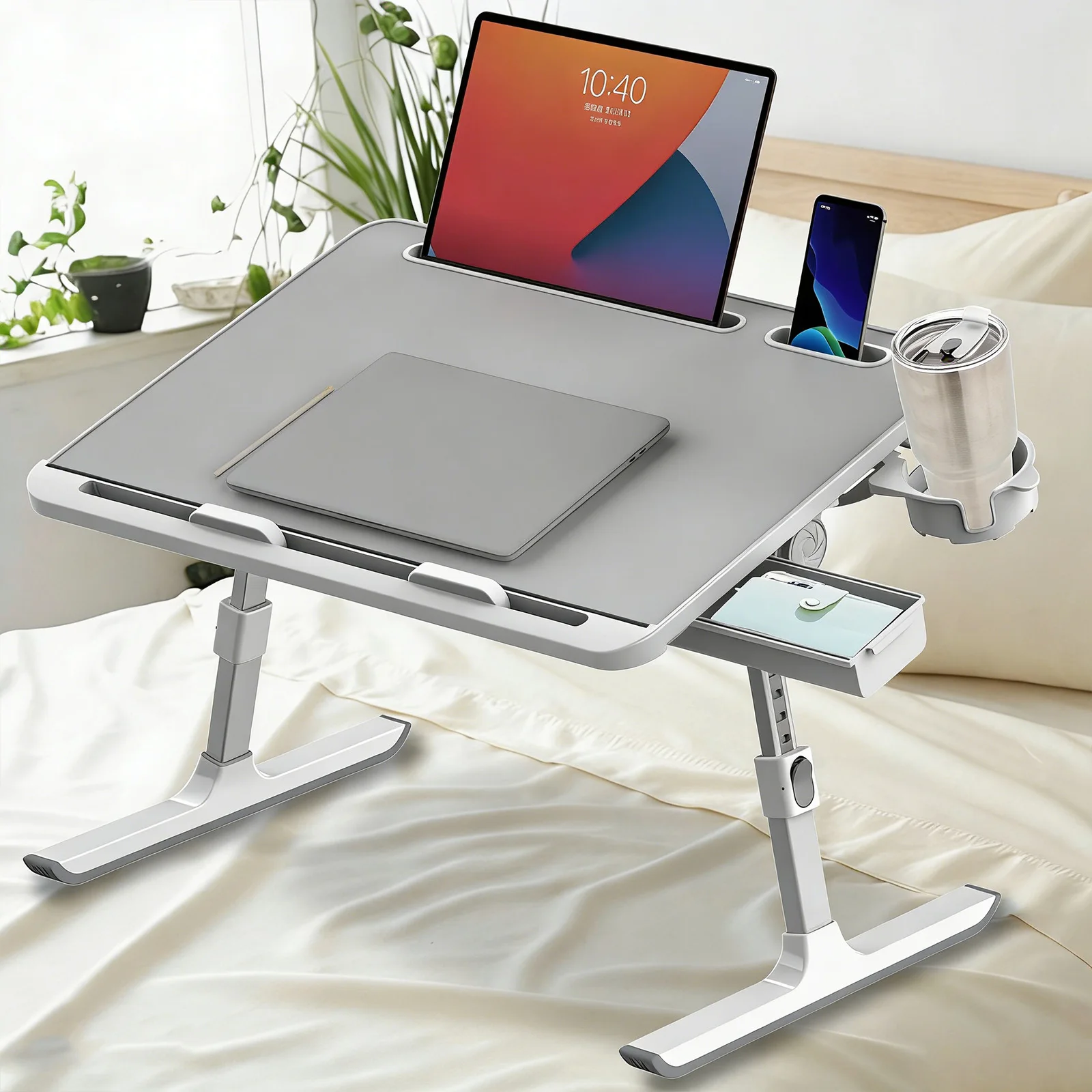 Mesa Plegable Multifuncional Ajustable con 8 Niveles de Altura, Portavasos Integrado, Cajón Profundo y Base Antideslizante para Cama, Exterior, Picnic, Dormitorio, Entrenamiento
