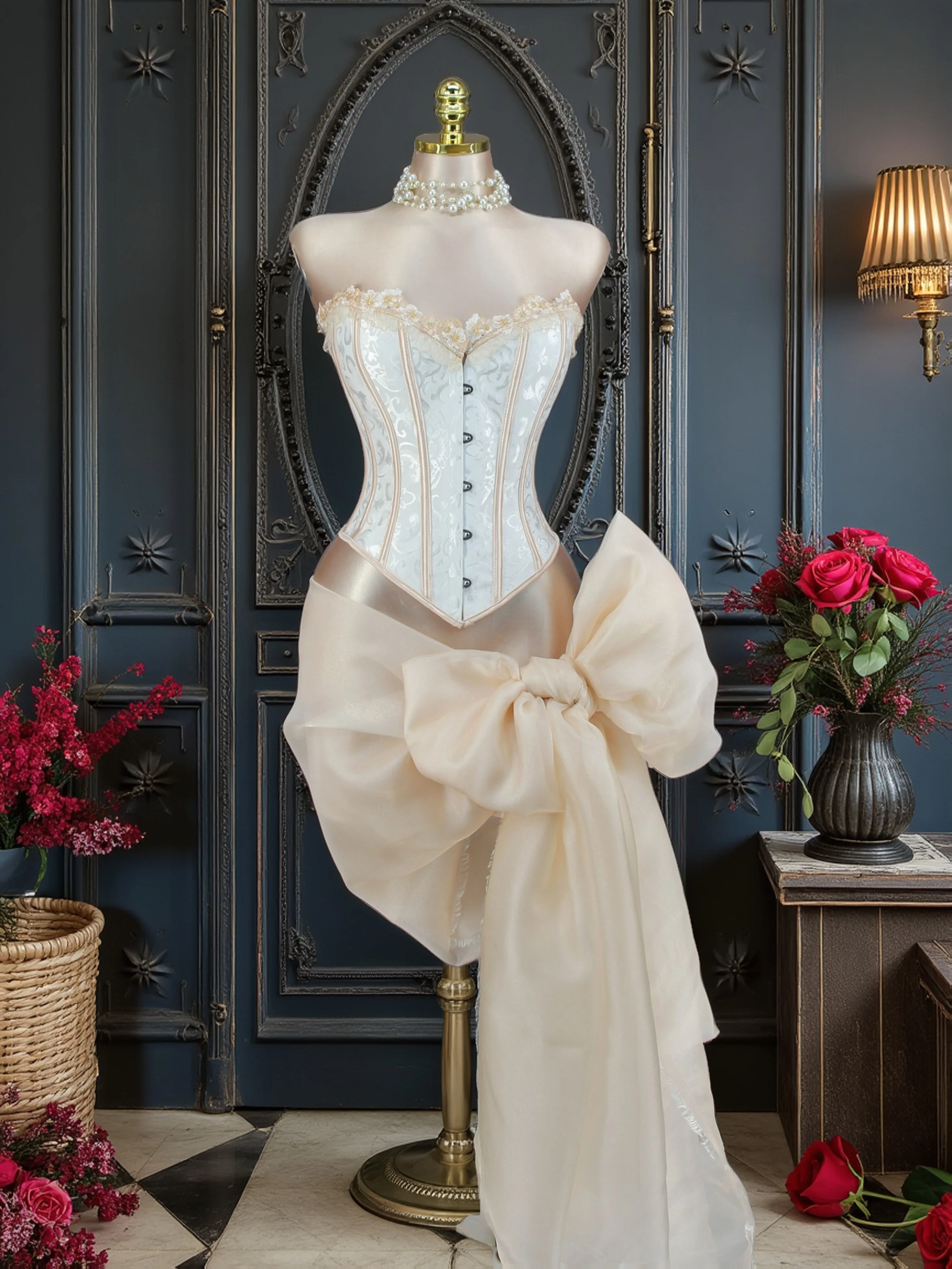 Cloudy.lee Embroidered Lace Trim Corset Top Fashionable Slimming Bodice Versatile Stylish Waist-Cinching Ensemble