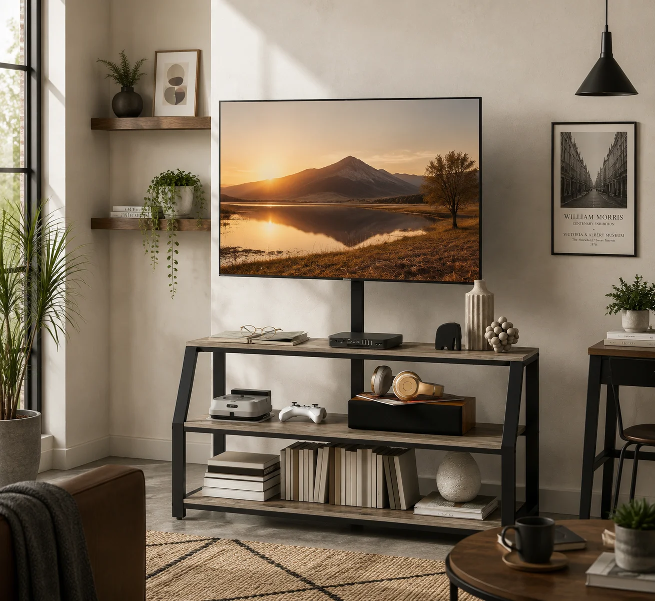 Meuble TV avec support pour téléviseurs jusqu'à 72 pouces, meuble télé avec 2 étagères ouvertes, 110x43x150cm, gris