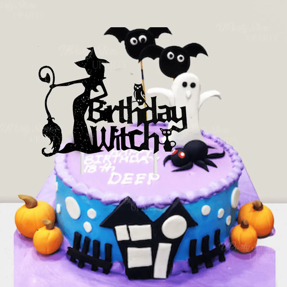 Hexengeburtstagstorte Topper Glitzer Schwarz Alles Gute zum Geburtstag Hexenkuchendekorationen für Hexengottes Geburtstag Halloween Party Dekor – Detail 3