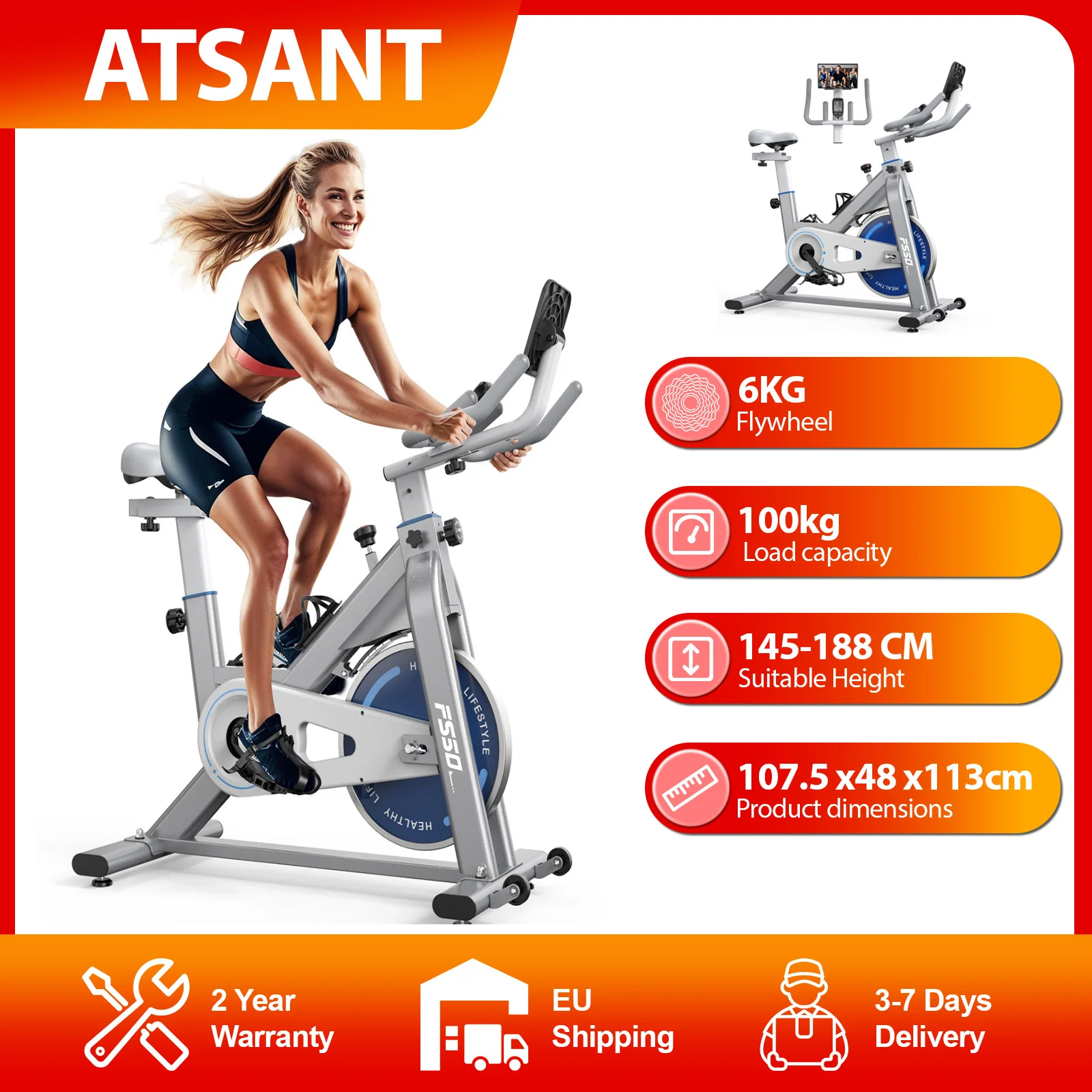 ATSANT Cyclette per resistenza magnetica per interni Bici da fitness per casa con volano da 6 kg con schermo di visualizzazione Resistenza regolabile