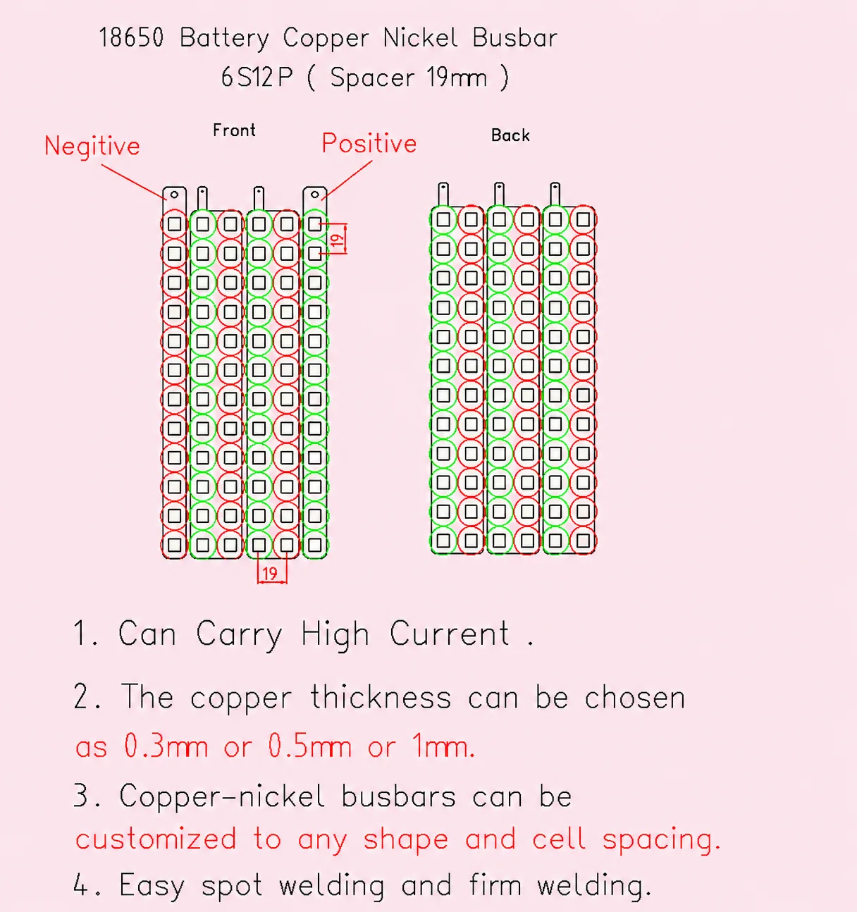 Wellgo Hot Selling 6S12P Drone Battery Accessories, Copper Battery Connecting Busbars for 18650 UAV Lithium Battery Pack