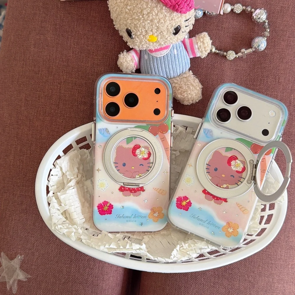 Korean Glitter Flower Hellokitty Magnetic Phone Case for iPhone 17 16 15 Pro Max 18 17 Pro 16 Pro Cover With Magsafe Stand Cases