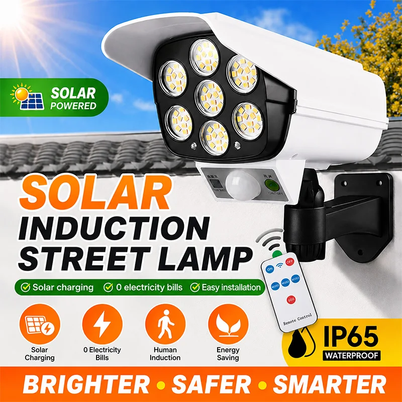 Solar Motion Sensor Light Fake CCTV Camera Outdoor Waterproof IP65 LED Wall Lamp Security Floodlight Remote Control Garden Paths
