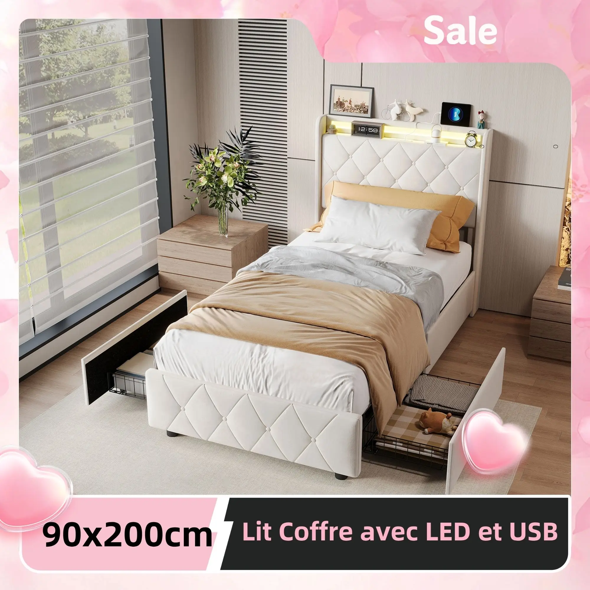Lit simple rembourré 90x200 cm, Lit Coffre avec LED et USB, Lit 1 Personne avec 2 Tiroir de Rangement,Lits Une Place,Lit Enfant