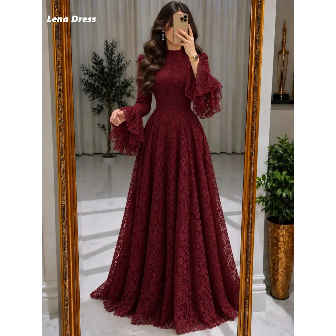 Lena Round Neck Elegant Evening Dresses for Woman Luxury Party Dress Customized Long Sleeves Burgundy Color Embroidered Lace