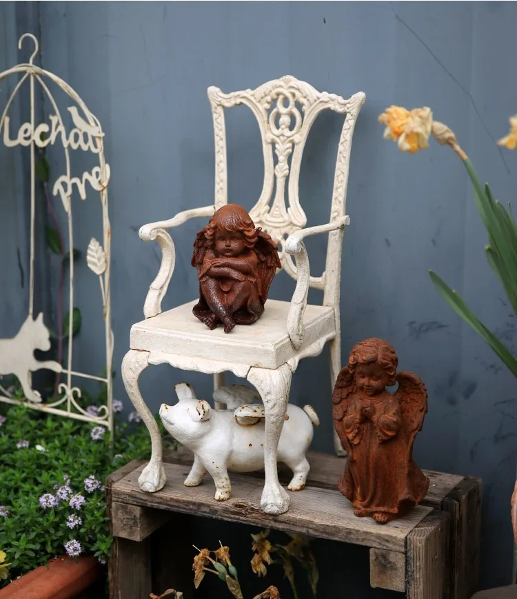 Vintage Cast Iron Miniature Garden Chair, Antique White High Back Display Stand, Rustic French Garden Ornament Plant Decor