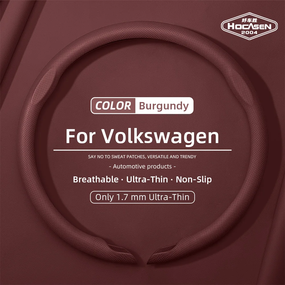 Suitable for Volkswagen Nappa Leather Car Steering Wheel Cover, Ultra-Thin, Non-Slip, Sweat-Absorbent, Breathable, with Holes for Tiguan Golf T-Roc Polo Passat Jetta Id.3 Id.4 Atlas Teramont Taos T-Cross Taigo Touran