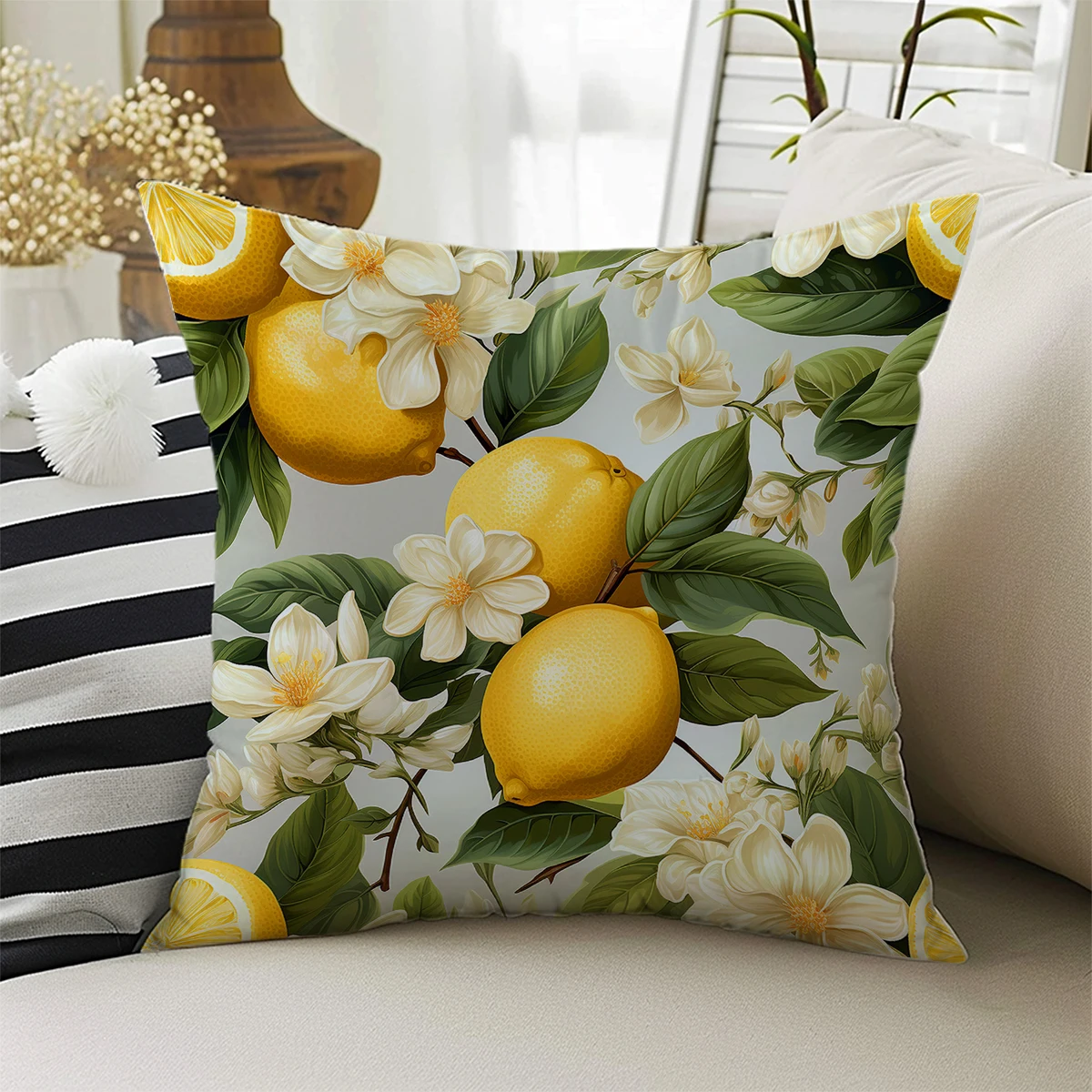 Yellow Lemons Green Leaves Double Side Print Pattern Cushion Cover Home Decoration Living Room Sofa Chair Pillow Cover