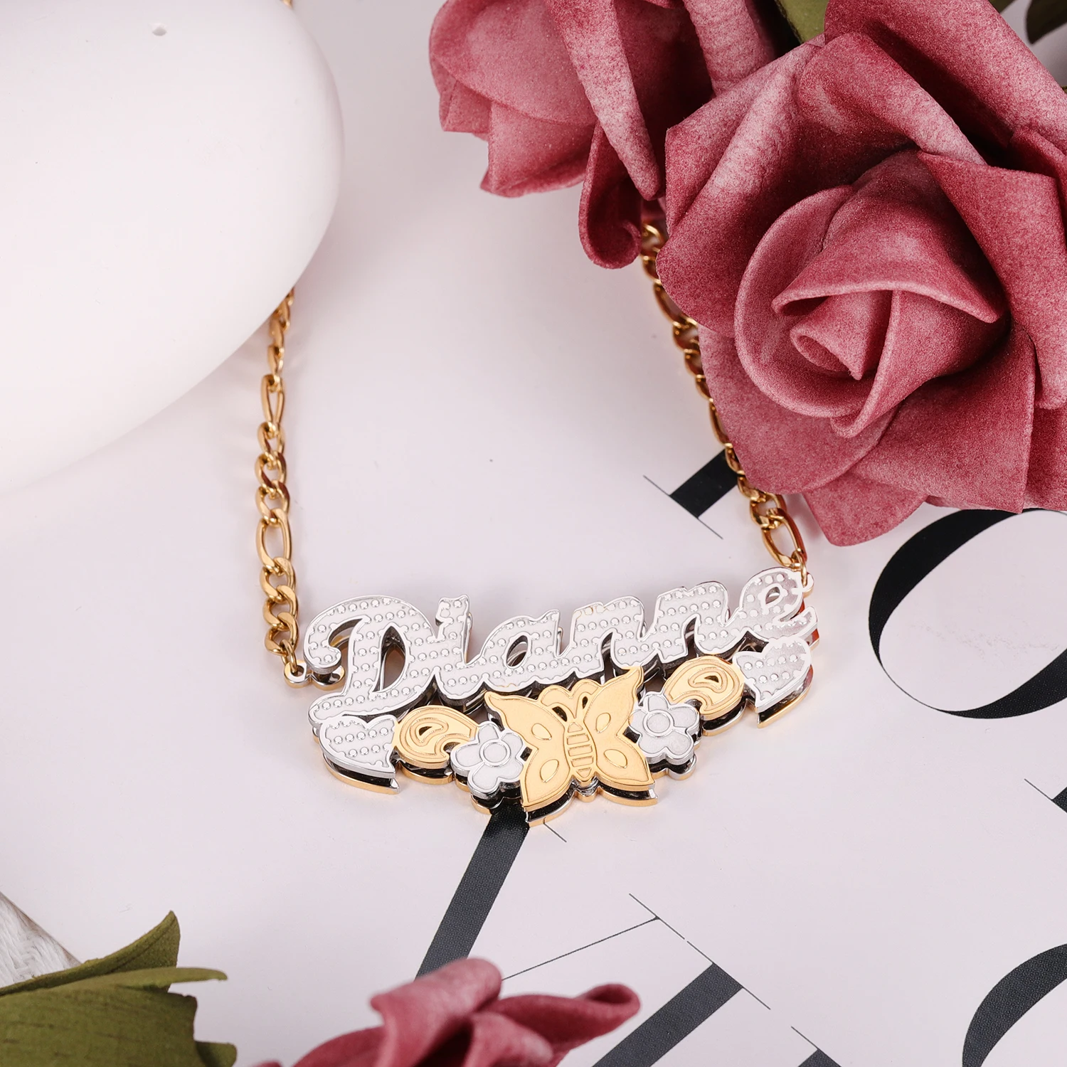 Customized Butterfly Necklace With Name Double Layer Two Tone With Butterfly Flower Personalized Name Necklace For Women Jewelry