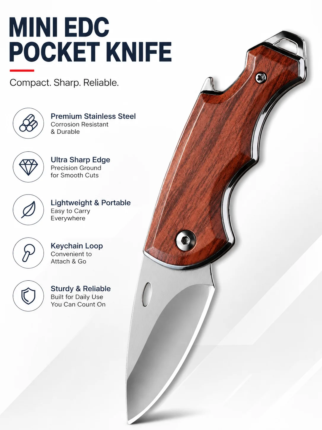 Mini EDC Folding Pocket Tool, Stainless Steel Compact Utility Tool with Wood Grain Handle, Lightweight Keychain Outdoor Gear