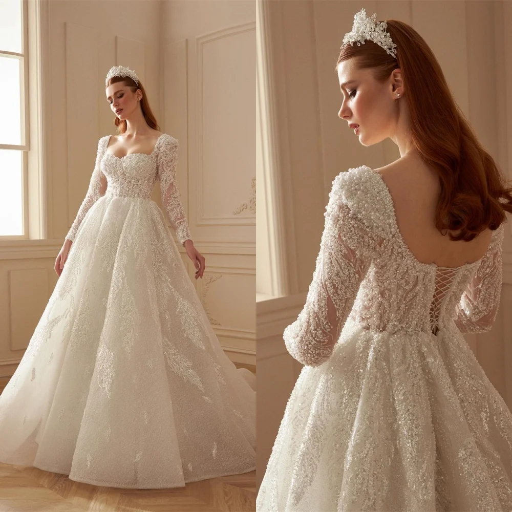 

Customized Exquisite White Organza Wedding Dress Classic Pearls Strapless Long Sleeves Chapel Train Lace Up Back Bridal Gowns