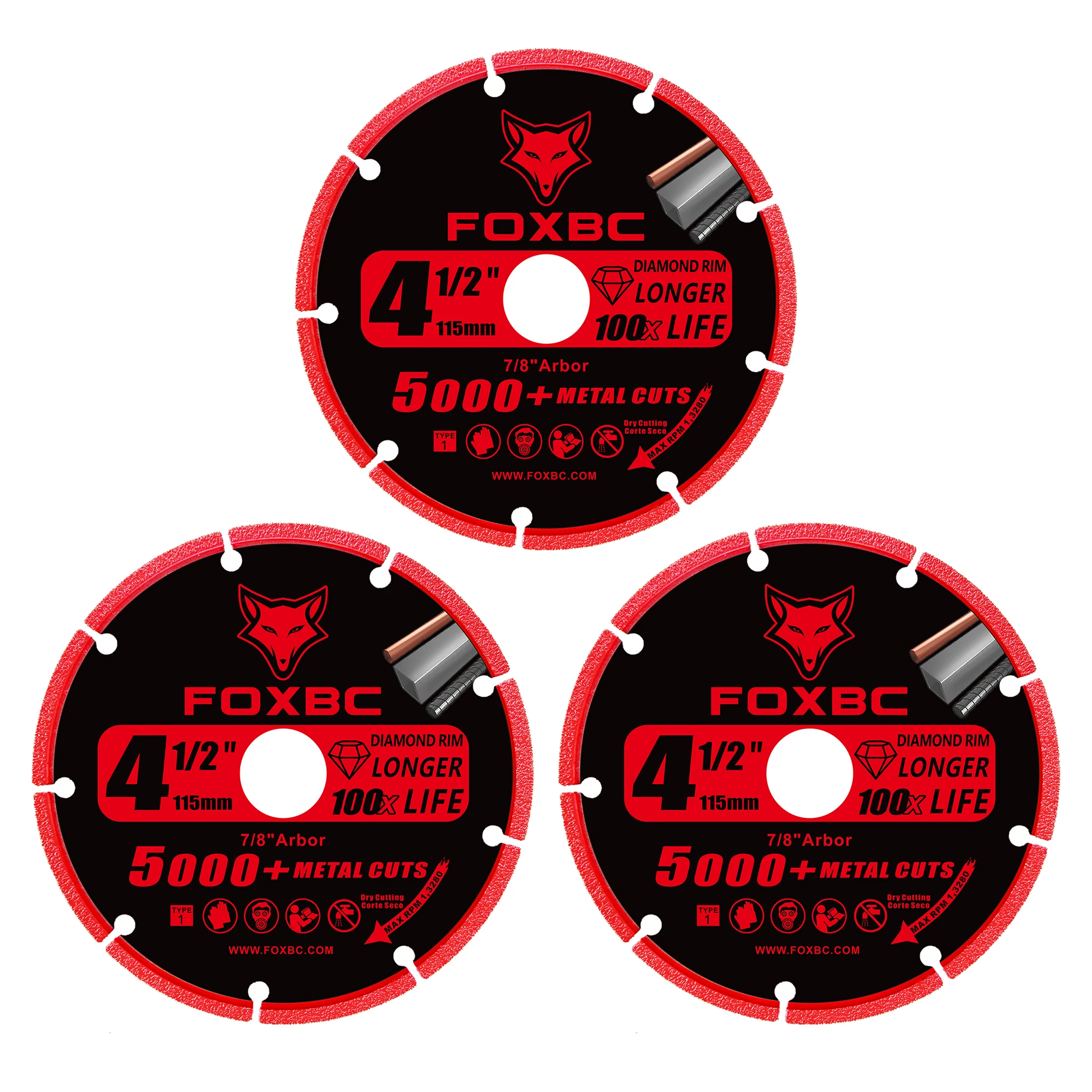 FOXBC 3 pezzi 115 mm mola diamantata 5000+ tagli su tondo per cemento armato ferro angolare in acciaio inossidabile con foro da 22 mm