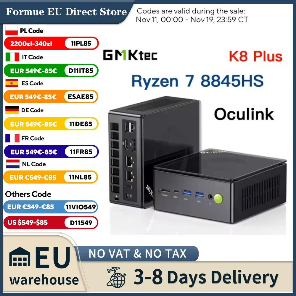 GMKtec K8 Plus Ryzen 7 8845HS Mini PC Windows 11 Pro DDR5 5600MHz PCIe4.0 NVMe SSD WIiFi BT5.2 lama 70B LLM ordinateur de jeu