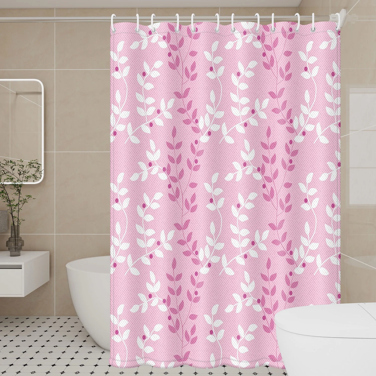Cortina de ducha de follaje rosa pastel: tela duradera femenina para vibraciones frescas