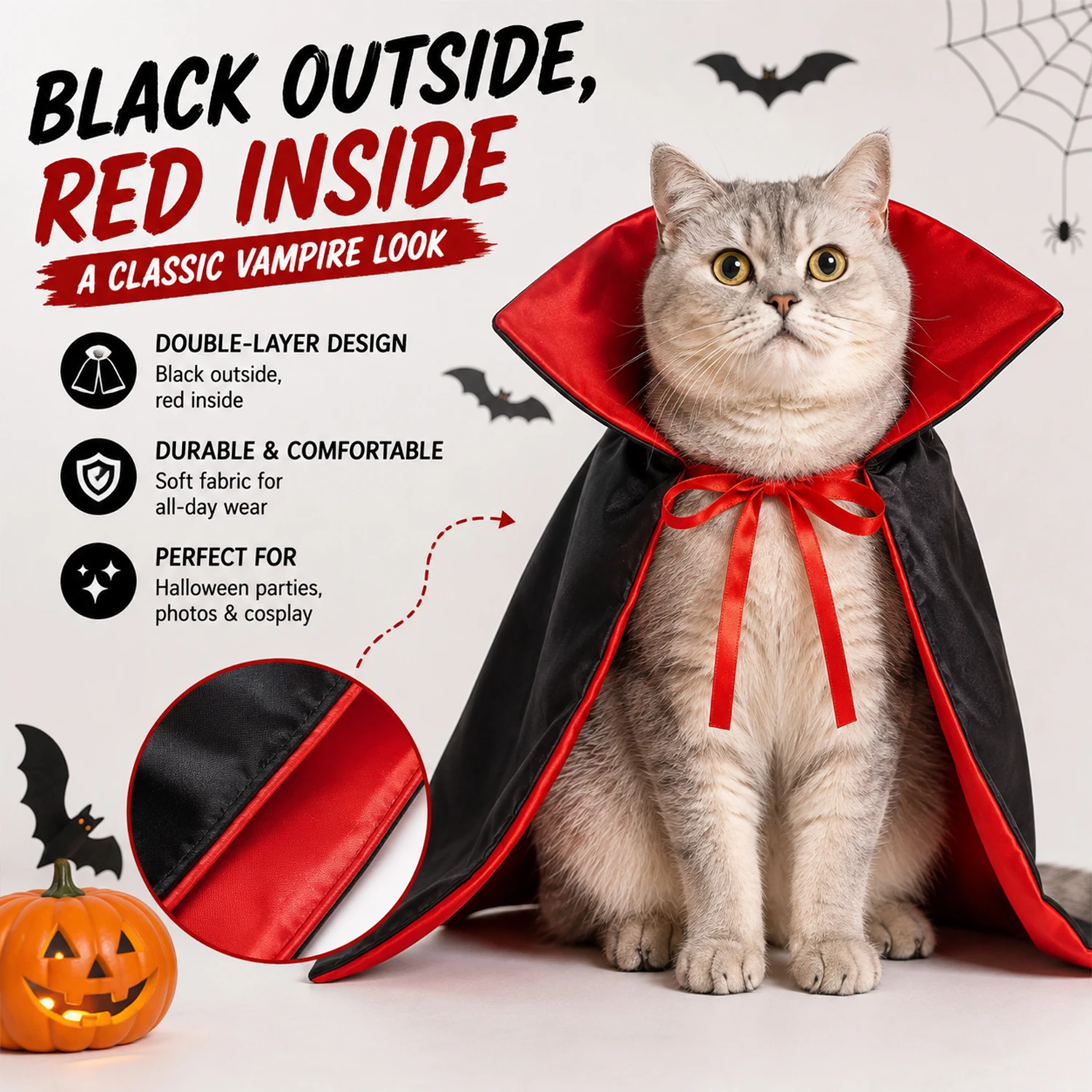Halloween-Vampirumhang für Hunde und Katzen, schwarzer, roter Zaubererumhang, Haustierkostüm mit verstellbarer Krawatte, gruseliges Verkleidungs-Outfit. – Detail 4