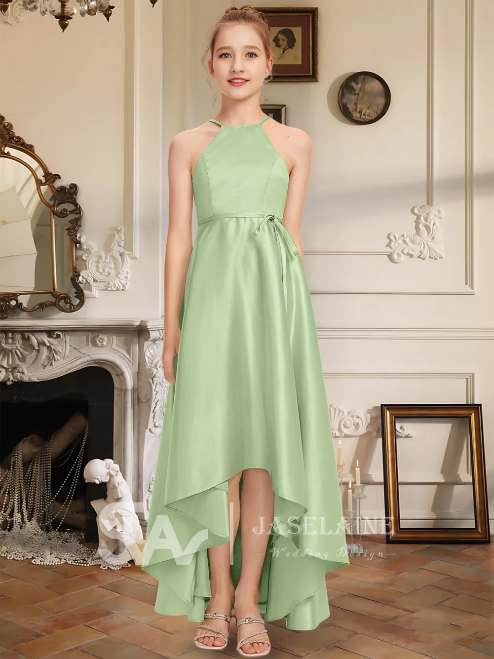 A Line Halter Asymmetrical Satin Junior Bridesmaid Dress Sleeveless With Belt Sash Pockets Flower Girl Dress Wedding Formal