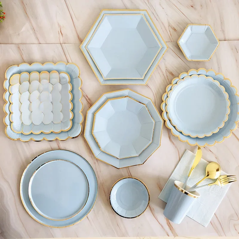 Gold Blau Party Einweggeschirr Papier Stroh Tassen Teller Servietten Babyparty Gefälligkeiten Geburtstag Hochzeit Dekor Party Supplies