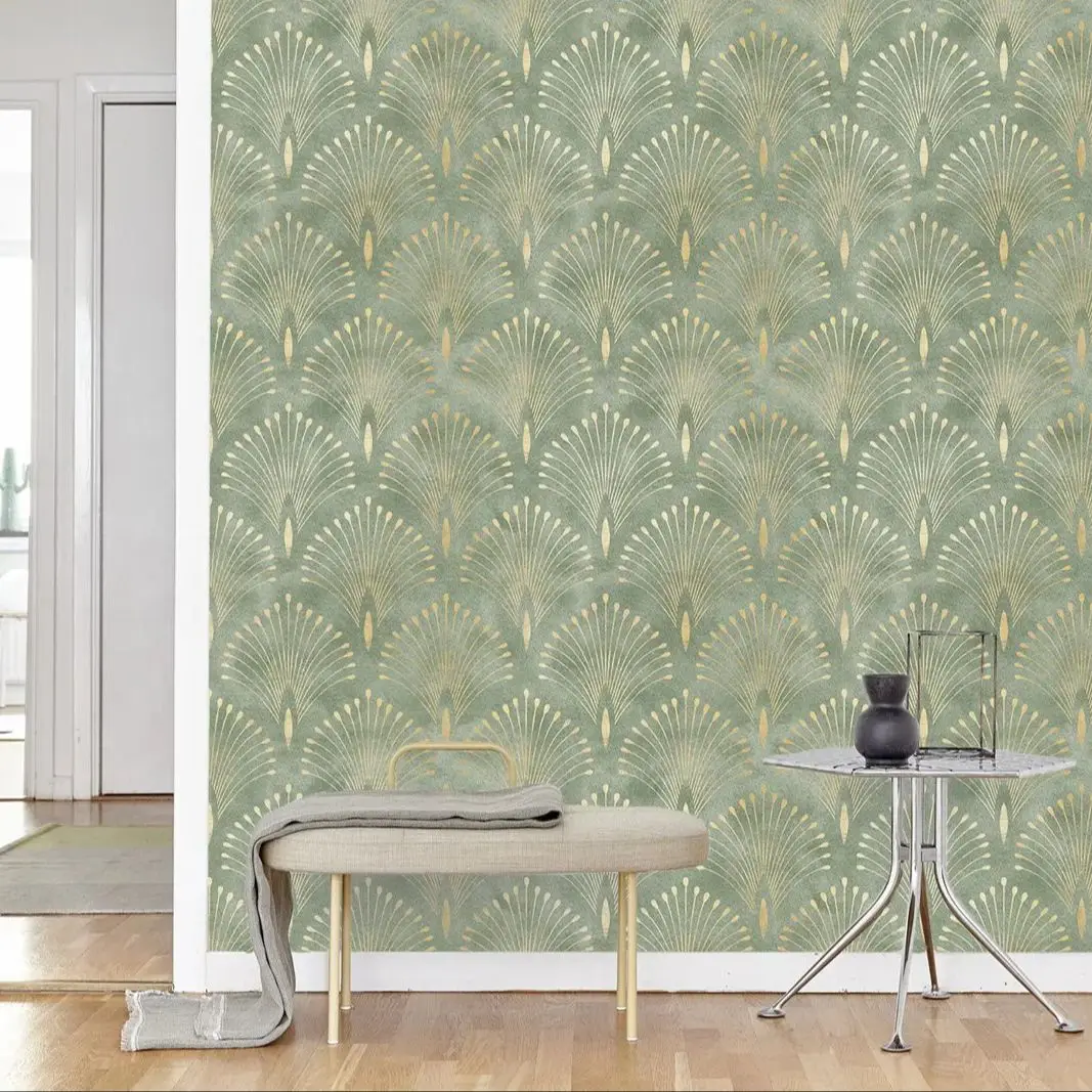 Peel and Stick Wallpaper, Green Gold Art Deco Self Adhesive Wallpaper, simulate Golden Color Wallpaper