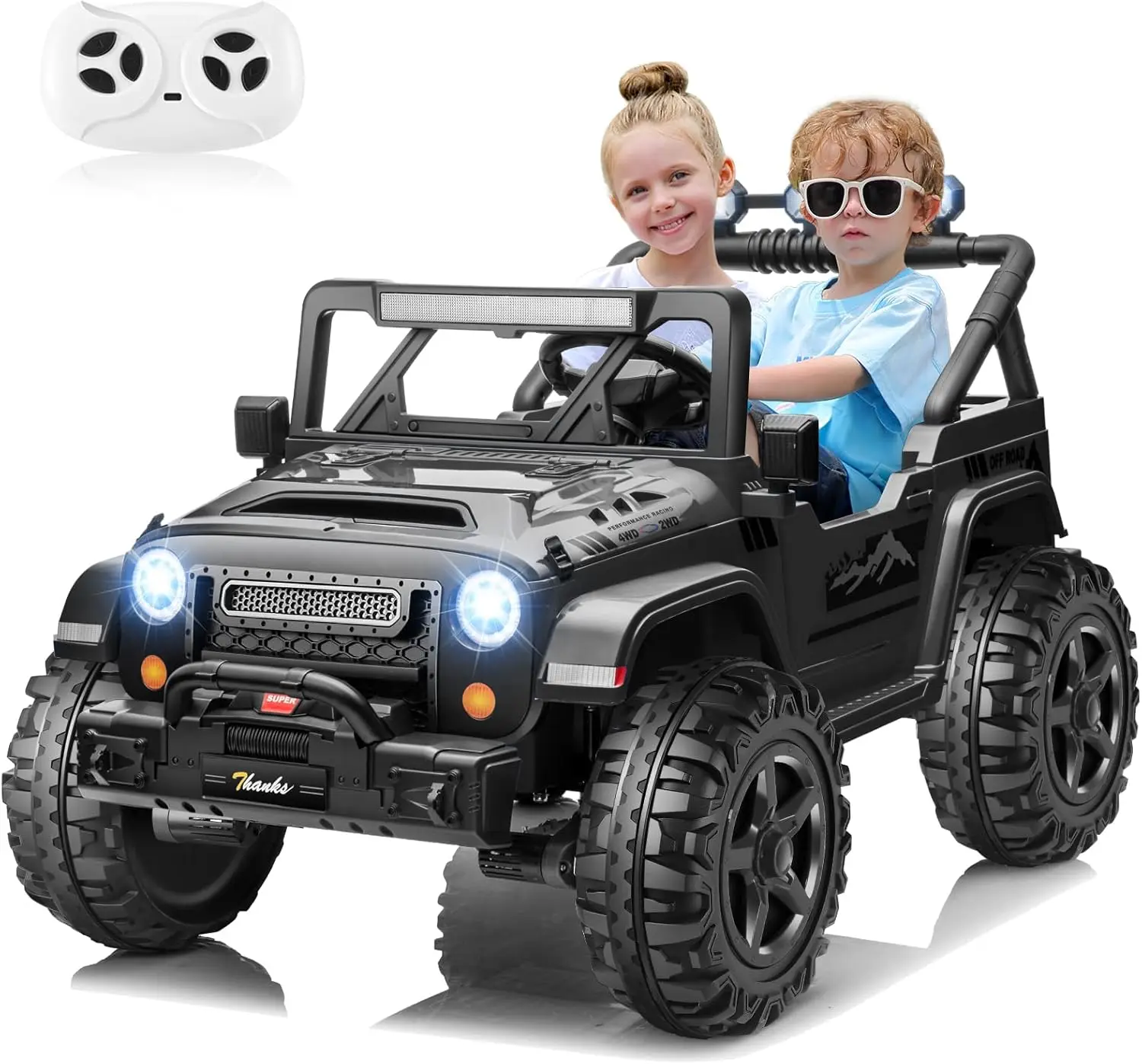Elektryczny samochód dla dzieci 24V, dwuosobowy, zasilany akumulatorowo, z mocnym silnikiem 4x200W, pilotem i schowkiem na muzykę.