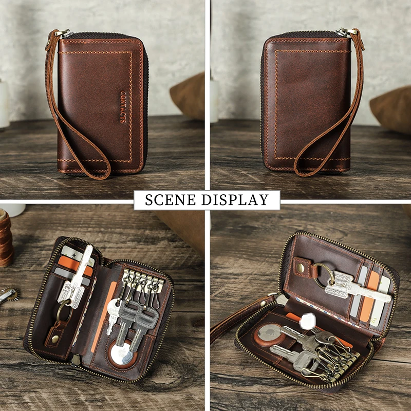 CONTACT\'S Genuine Leather Key Wallet with Airtag Slot Men Zipper Key Pouch Organizer High Quality Housekeeper Wallet Card Holder