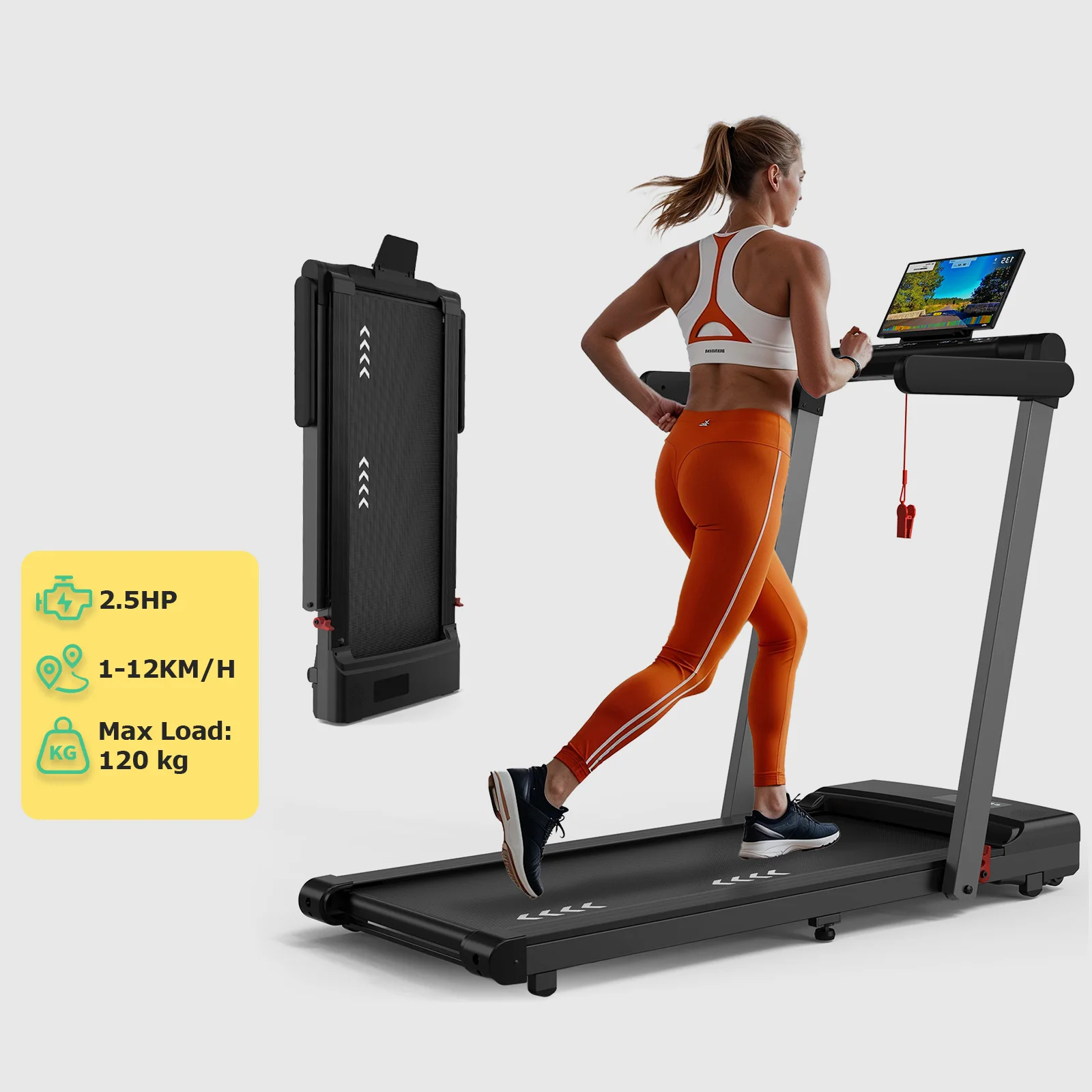 JUICEASE F50 slimme loopband met app, 2,5 pk, 12 km/u, Bluetooth, 120 kg, LED-display, 12 programma's, stille werking, antislip, schokabsorberend, voor fitness.