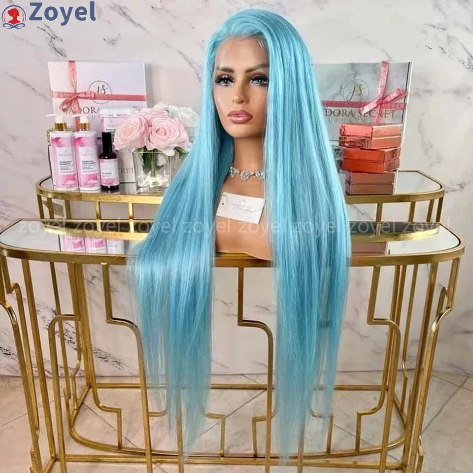 

Light Blue Long Straight Wig Synthetic Hair 13x4 Glueless Lace Front Wigs Heat Resistant Wig Silky Straight Blue Hair lace wigs