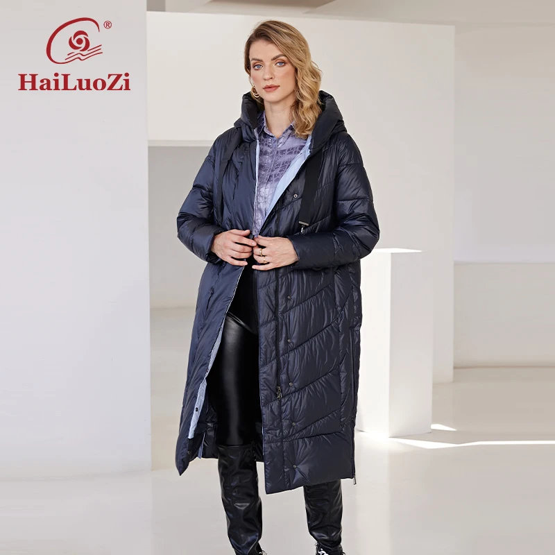 HaiLuoZi 2022 New Women\'s Winter Jacket Slanted placket Lengthen Warm Windproof Hooded Casual Bio-Cotton Parka Women Coat 6032