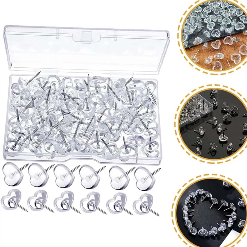 

50pcs Transparent love heart push pins thumbtacks peach heart I-beam nails painting push pins wood paneling wall push pins