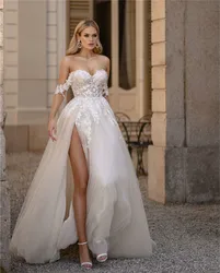 Tule branco querida vestidos de casamento fora do ombro 3d flor apliques vestido de noiva a linha alta fenda sem costas vestidos de noite