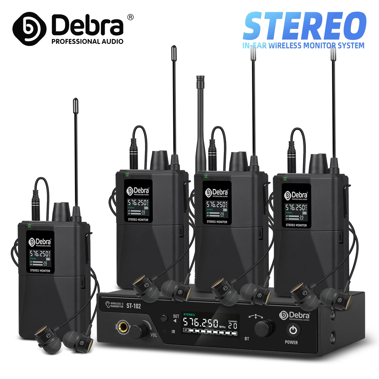 Debra Stereo In-Ear Monitor System Professional Stage Recording Wireless ST-102 for Studio Drummer Instrument