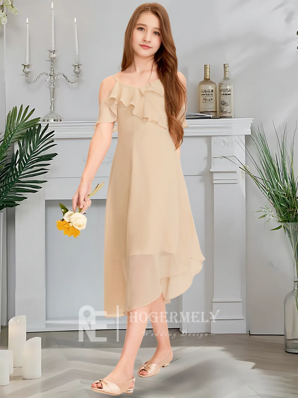 Luxuoso ombro frio júnior vestido de dama de honra ouro neblina flor menina vestido assimétrico chiffon em cascata babados casamento